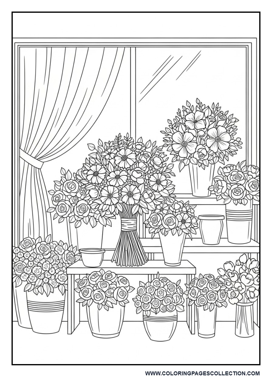 Wedding Bouquet Shop Scene Coloring Page