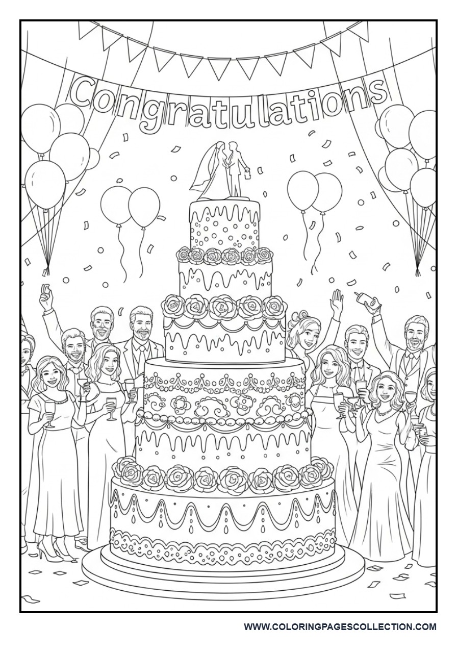 Wedding Cake Celebration Party Scene Coloring Page