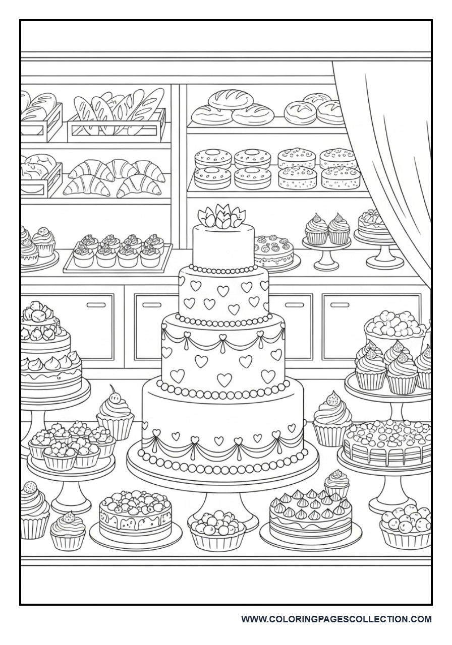 Wedding Cake Shop Window Scene Coloring Page