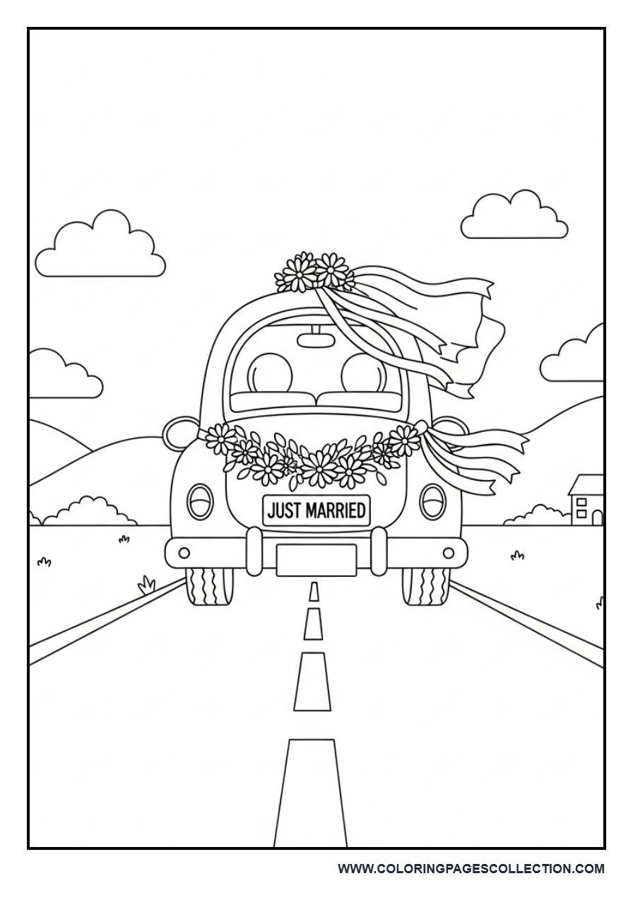 Wedding Car Just Married Scene Coloring Page