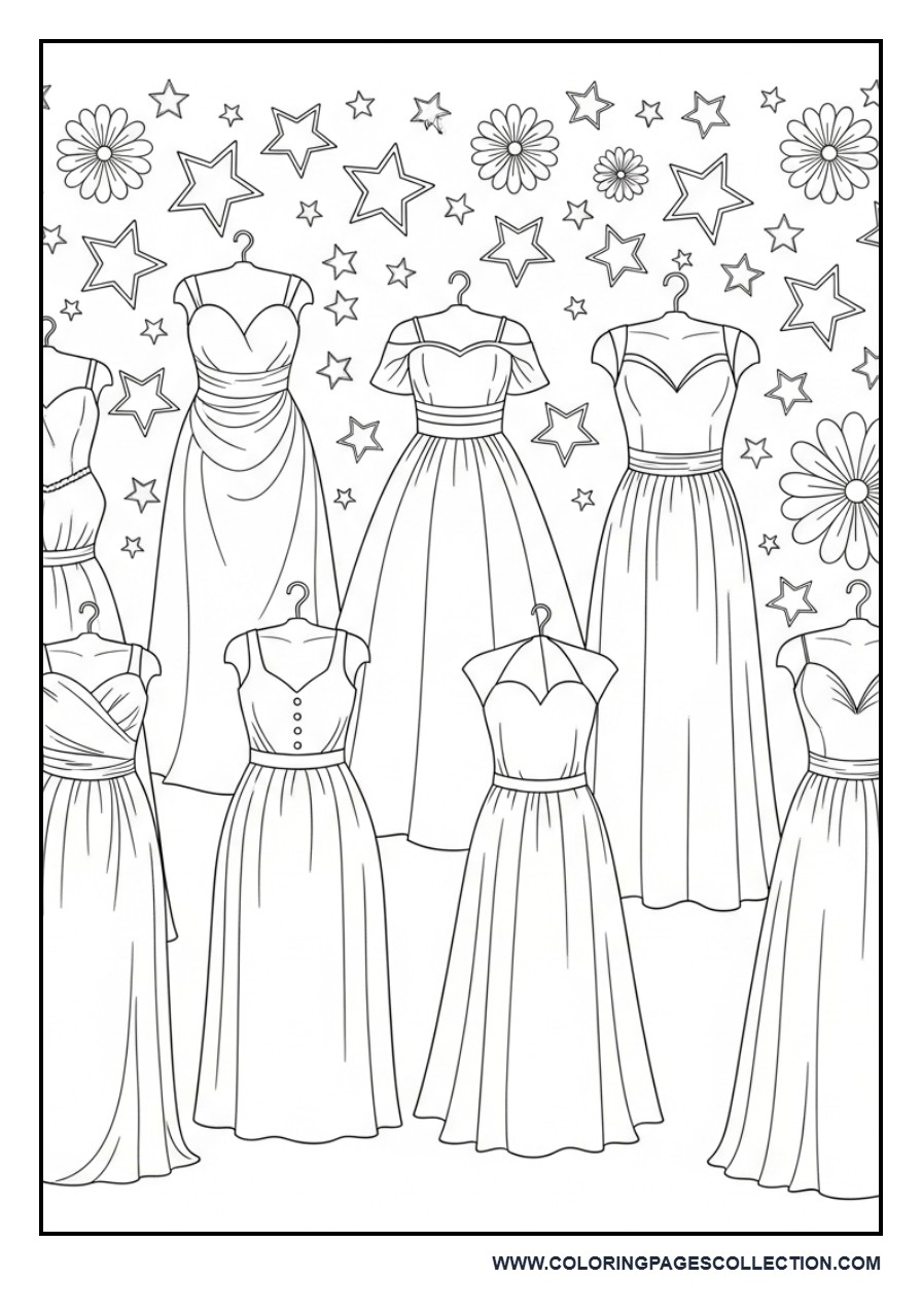 Wedding Fashion Dress Collection Coloring Page