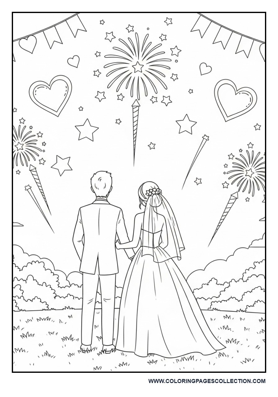 Wedding Fireworks Celebration Scene Coloring Page