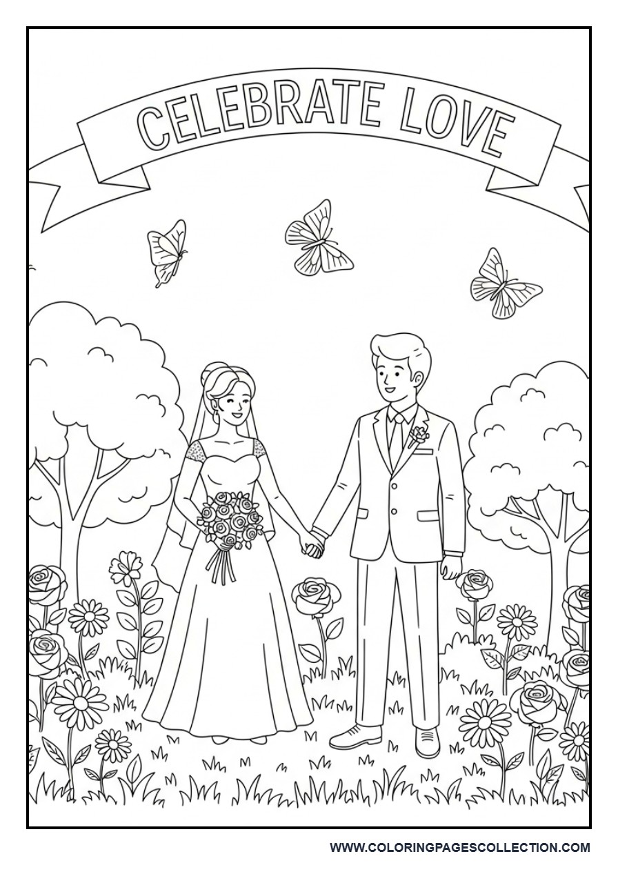 Wedding Garden Celebration Scene Coloring Page
