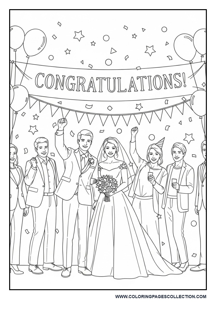 Wedding Party Celebration Crowd Coloring Page