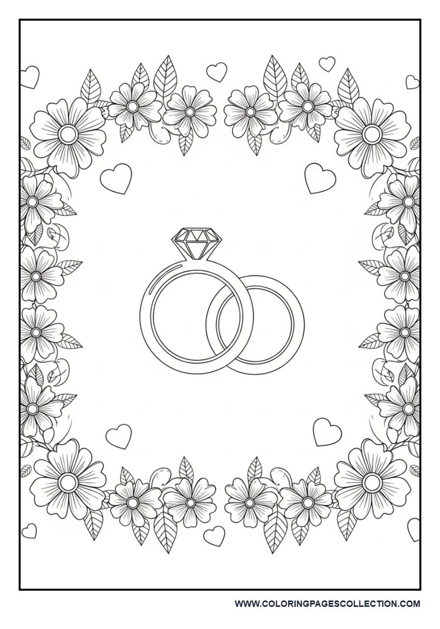 Wedding Rings Floral Frame Coloring Page