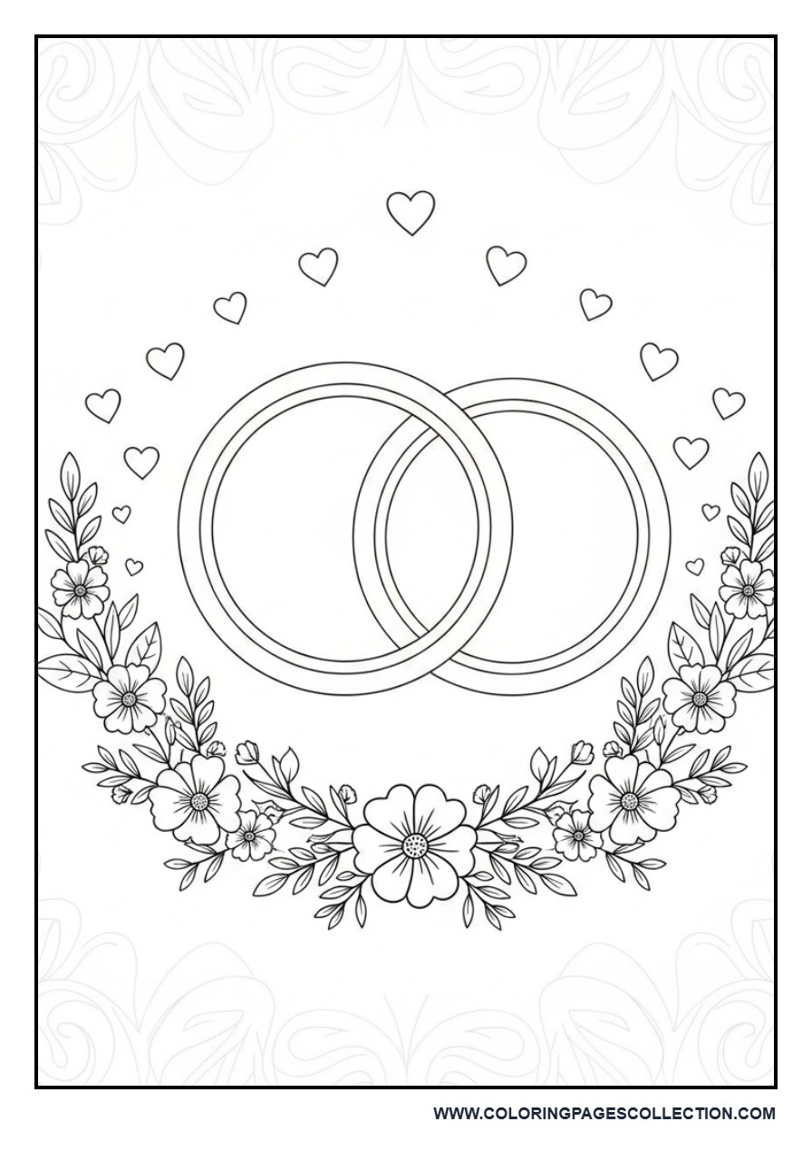 Wedding Rings with Floral Background Coloring Page