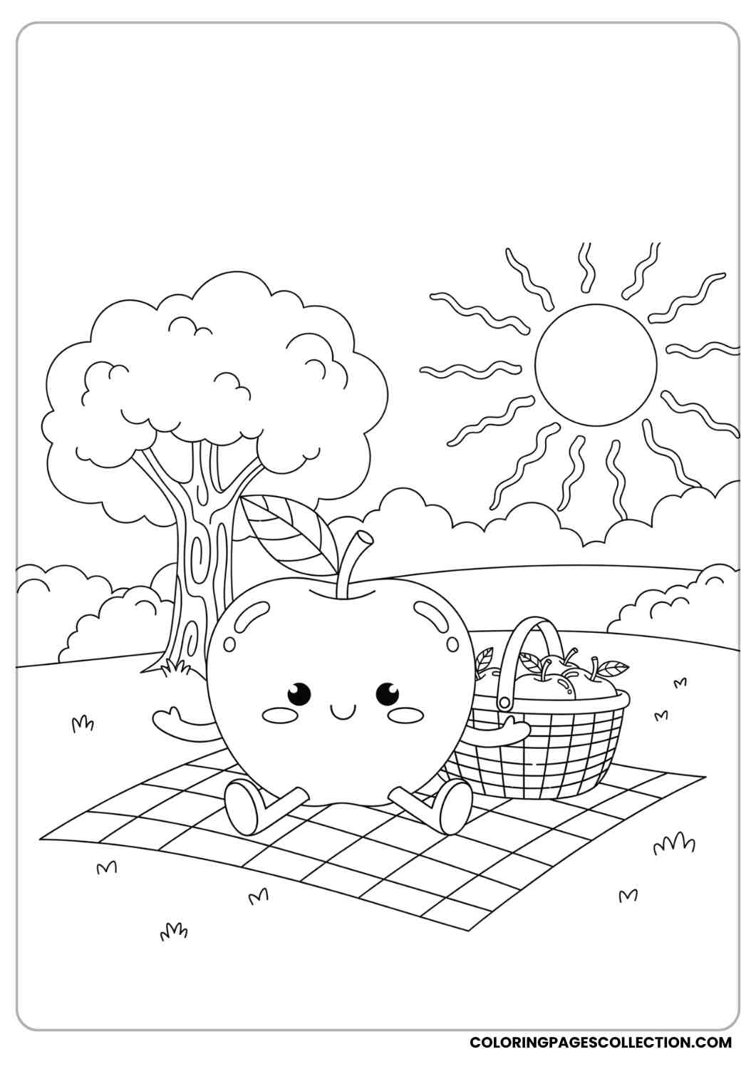 apple on picnic blanket with basket