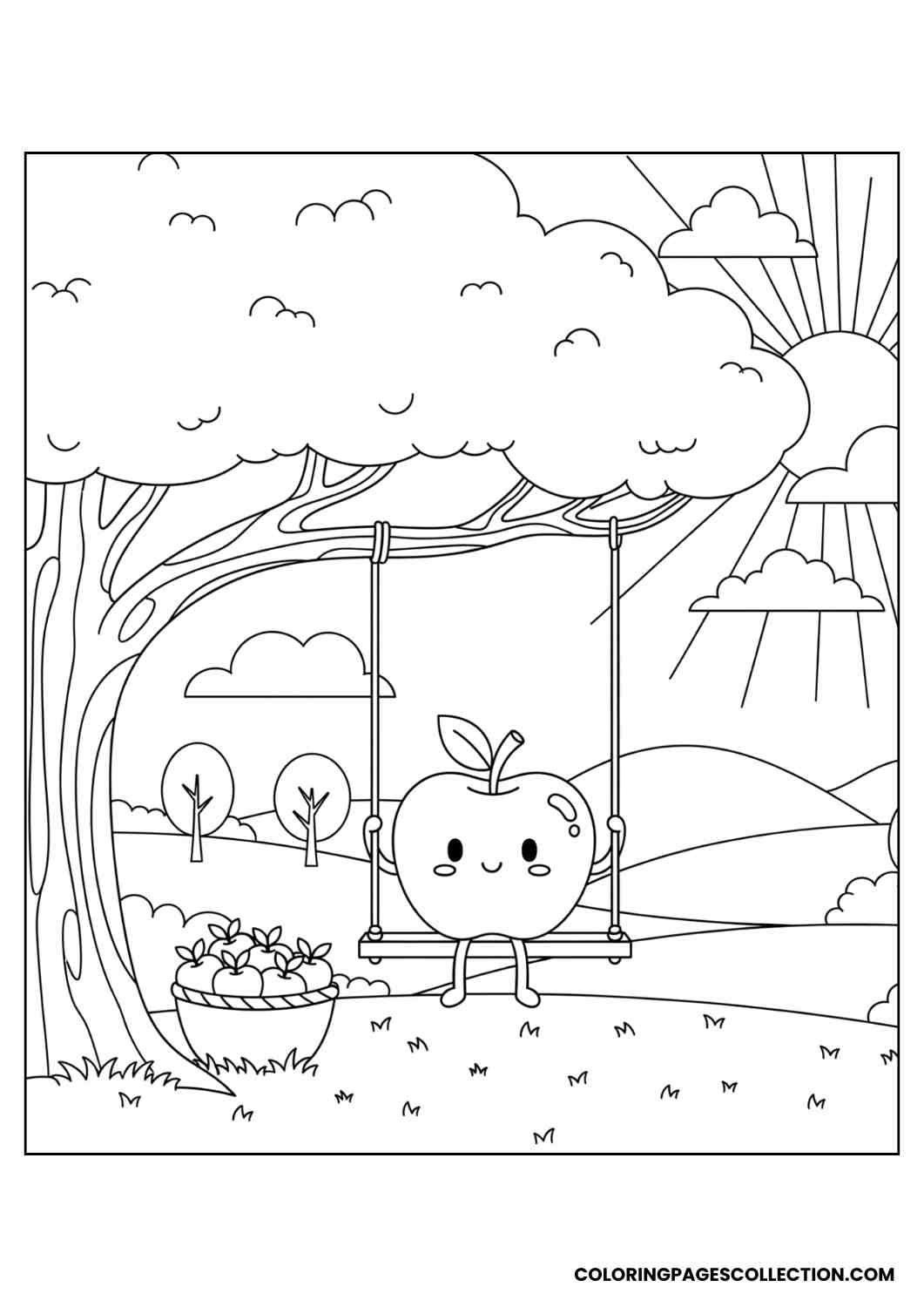 apple on tree swing with basket