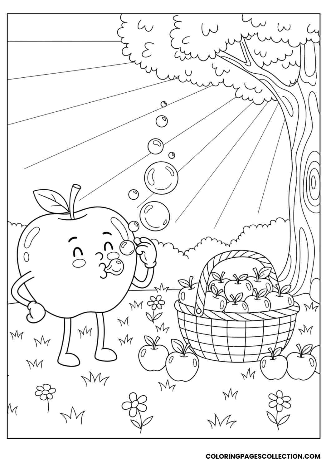 apple blowing bubbles next to basket