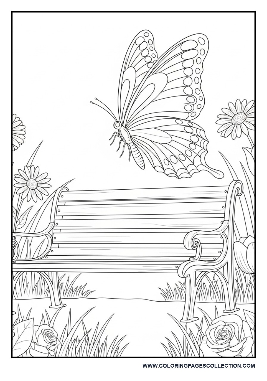 Butterfly and Garden Bench Scene