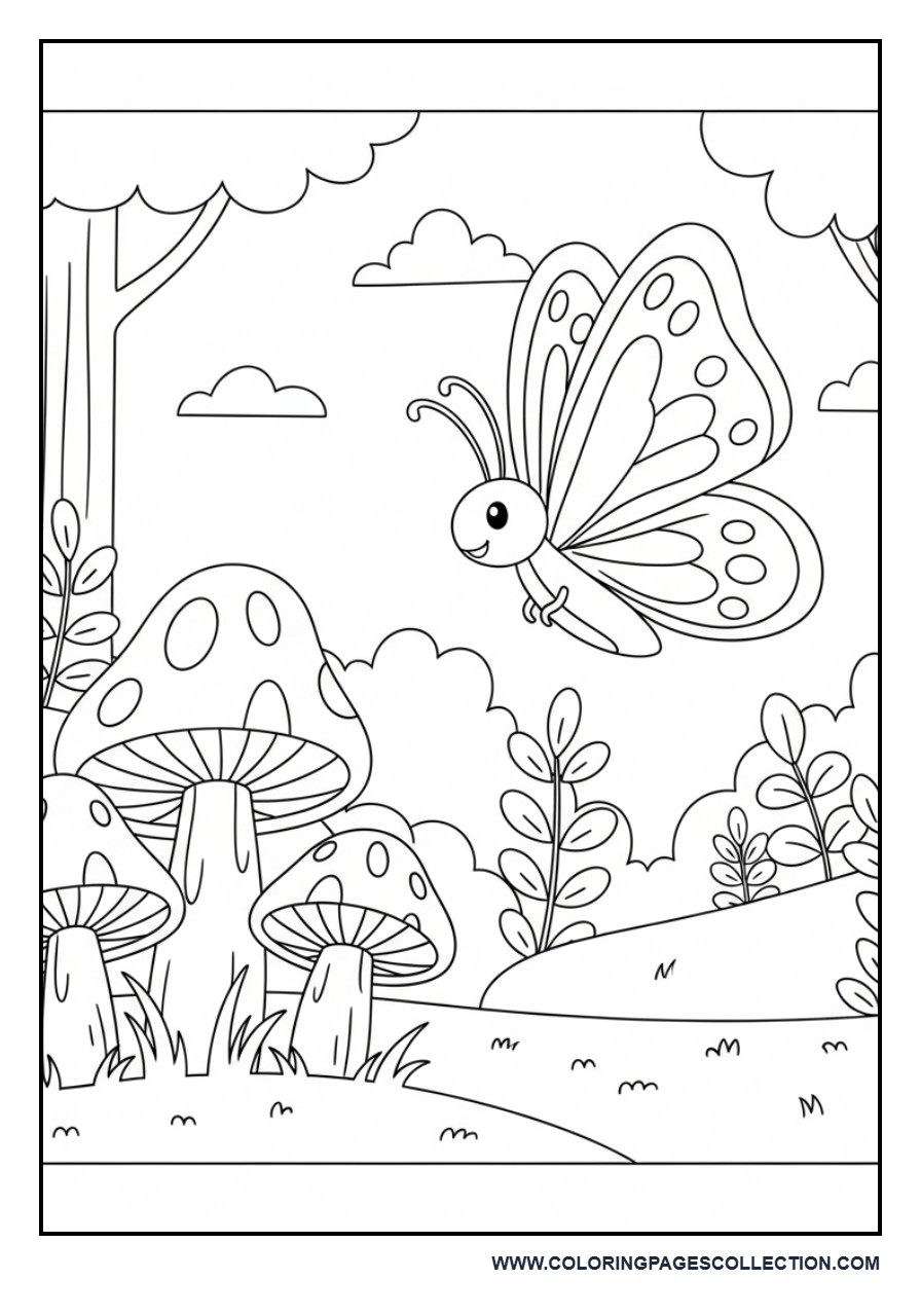 Butterfly and Mushrooms Scene