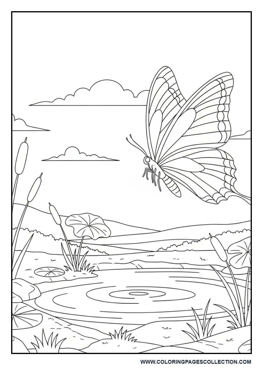 Butterfly and Small Pond Scene