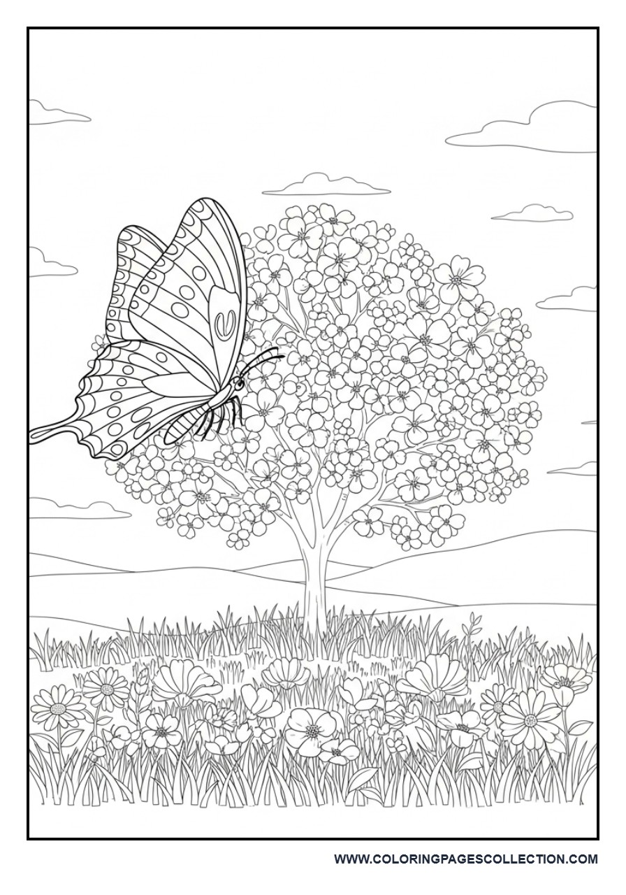 Butterfly and Spring Tree Scene