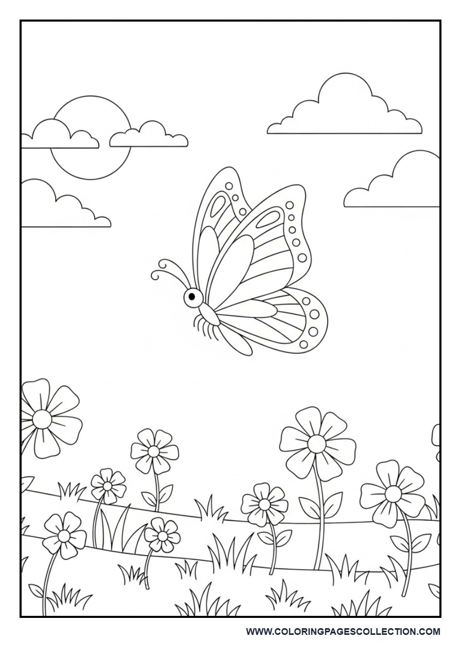 Butterfly in Sunny Flower Field