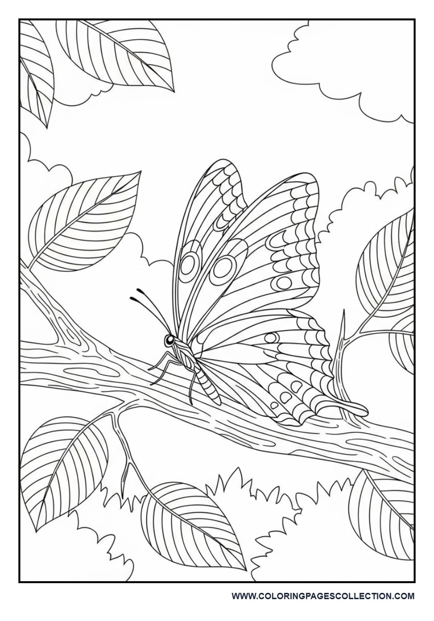 Butterfly on Branch with Leaves