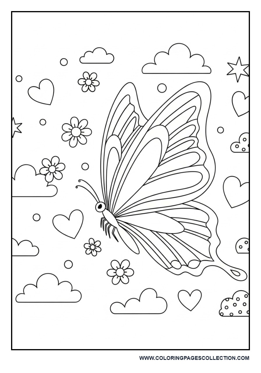 Butterfly with Floating Hearts and Flowers