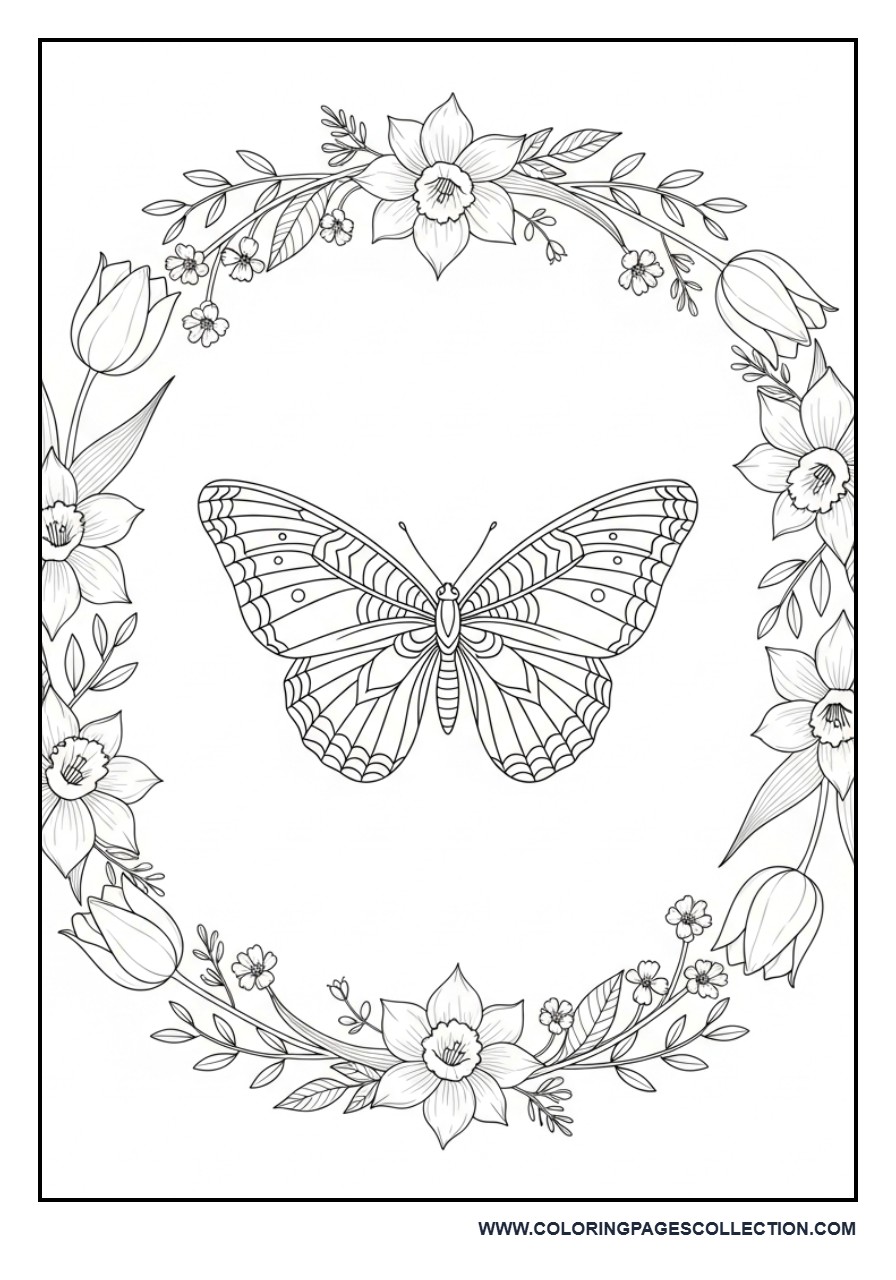 Butterfly with Spring Flowers Border