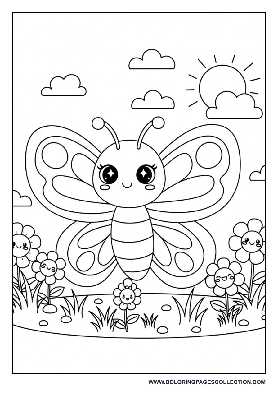 Kawaii Butterfly with Cute Flowers