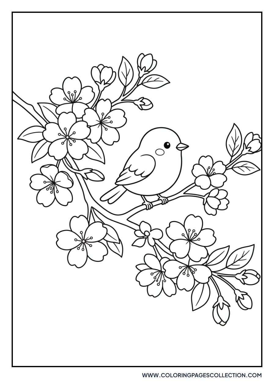 Cute Bird on Sakura Branch