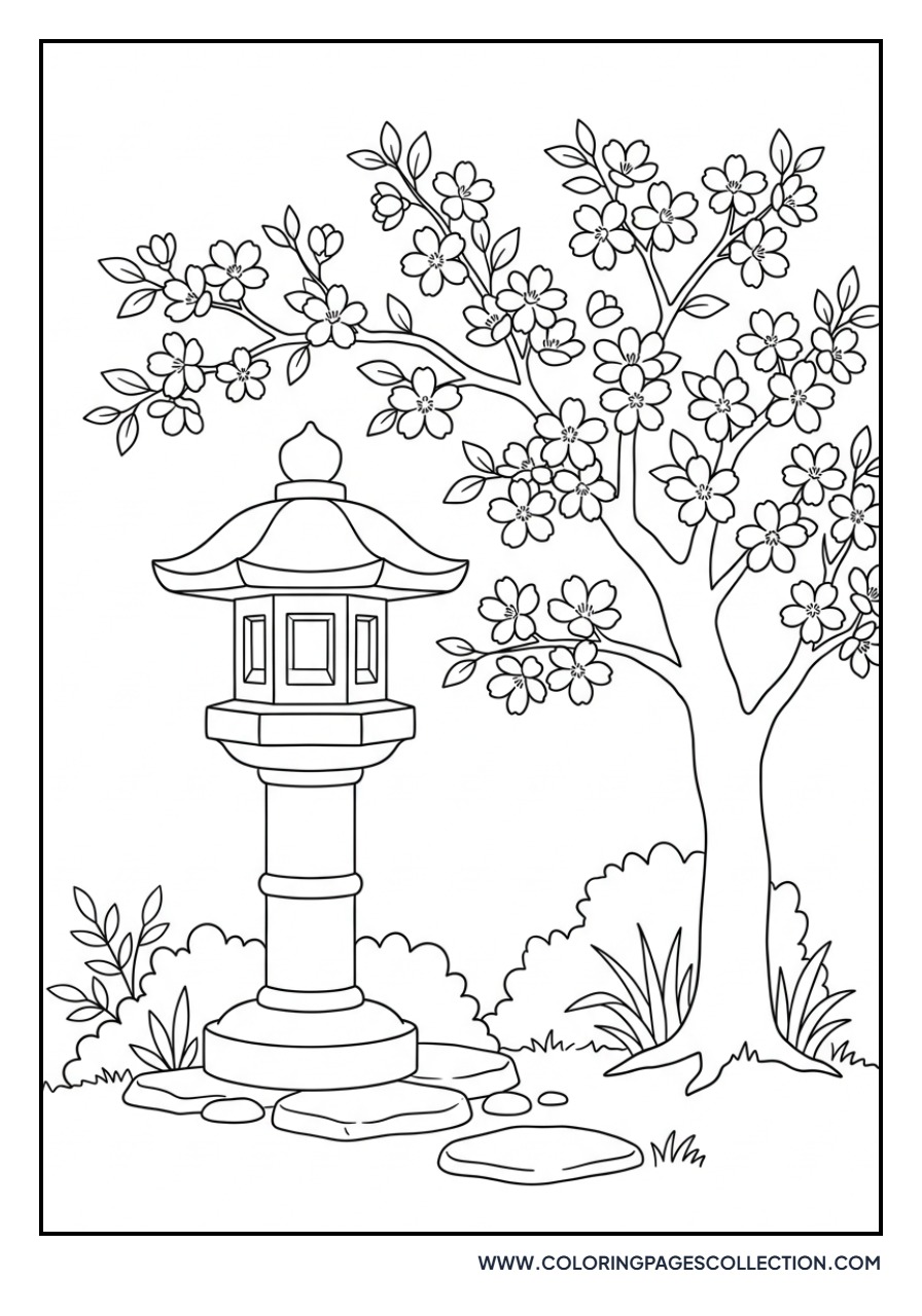 Sakura and Stone Lantern
