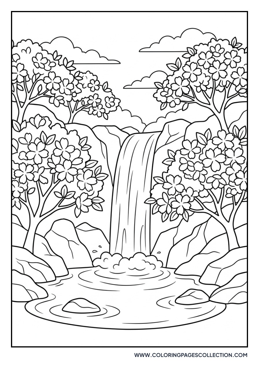 Sakura and Waterfall