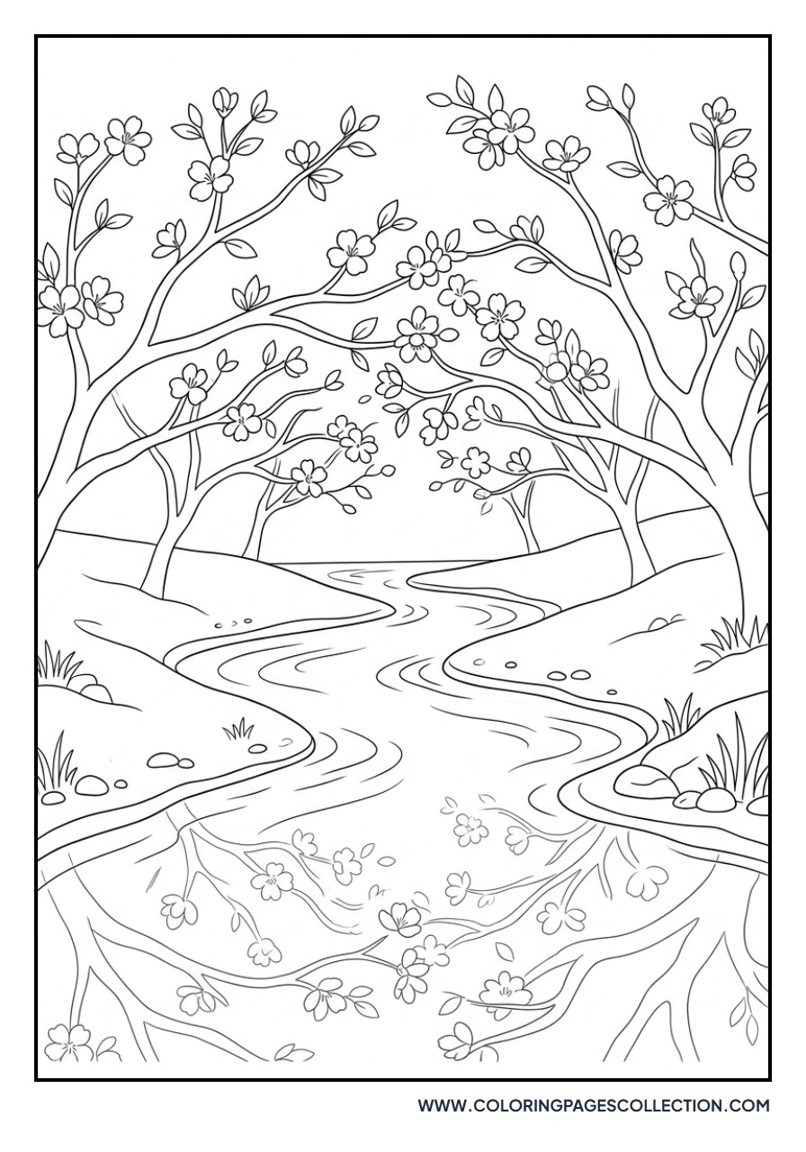 Sakura Over a Stream