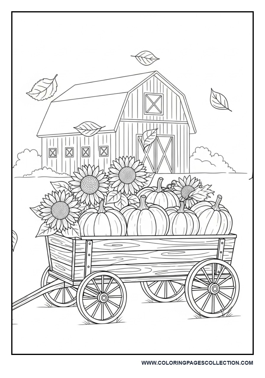 Autumn Sunflower Wagon Coloring Page