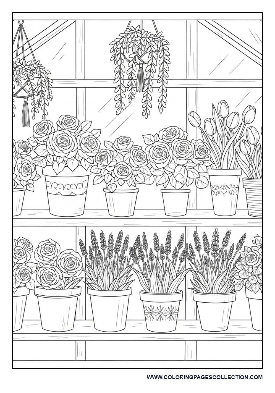 Botanical Greenhouse Shelf Coloring Page