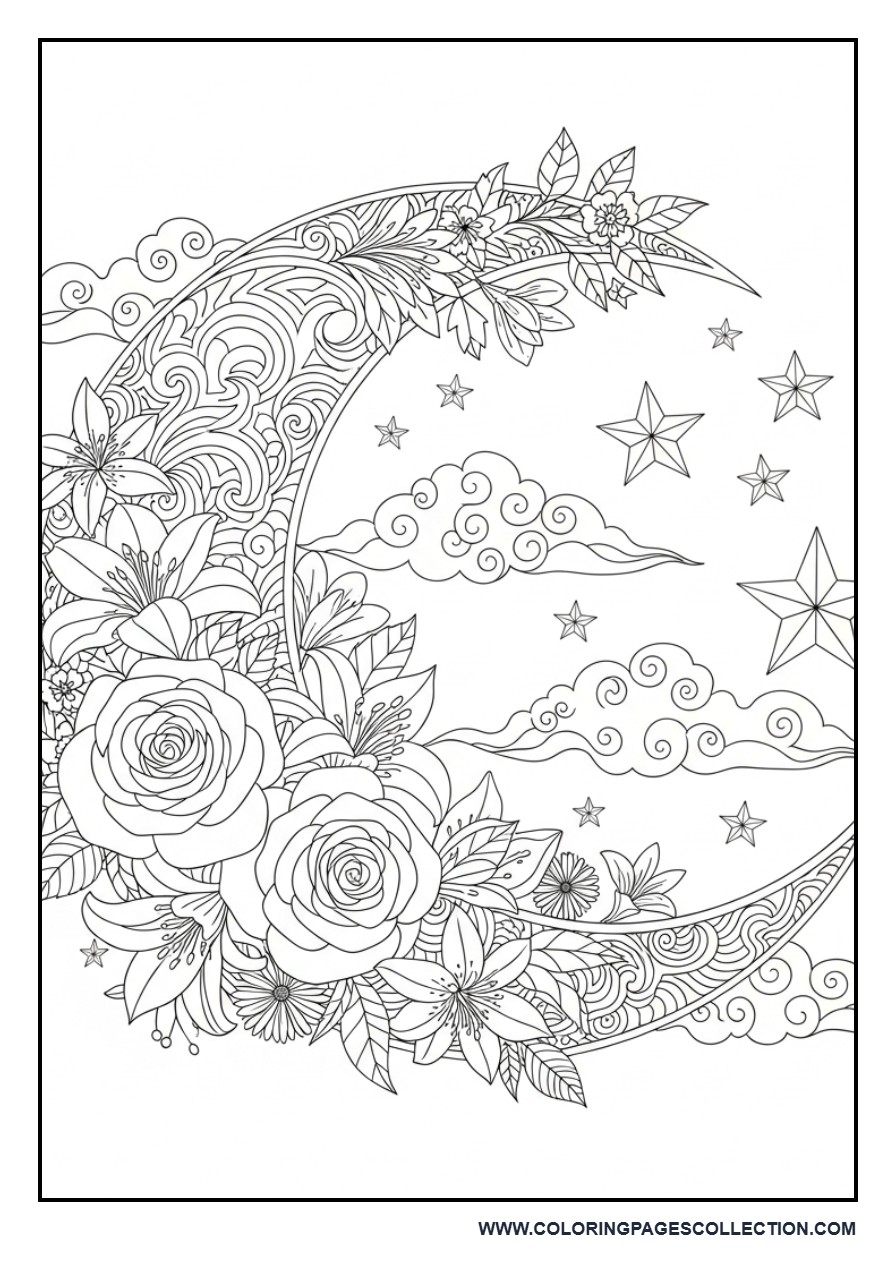 Crescent Moon Floral Coloring Page