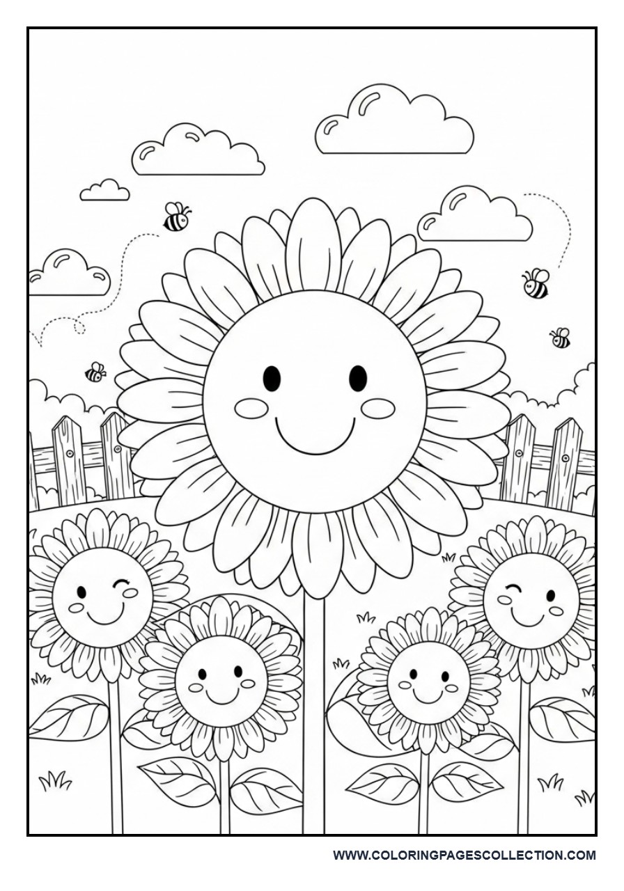 Cute Sunflower Family Coloring Page
