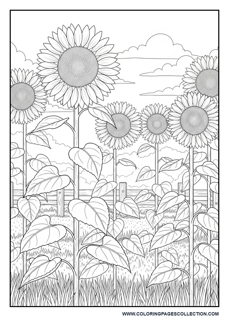Detailed Sunflower Garden Coloring Page