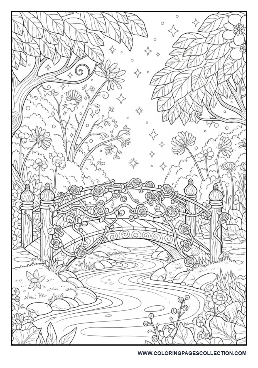 Enchanted Flower Bridge Coloring Page