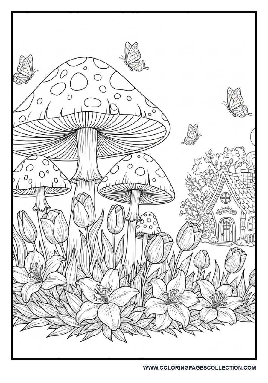 Fairy Mushroom Flower Garden Coloring Page