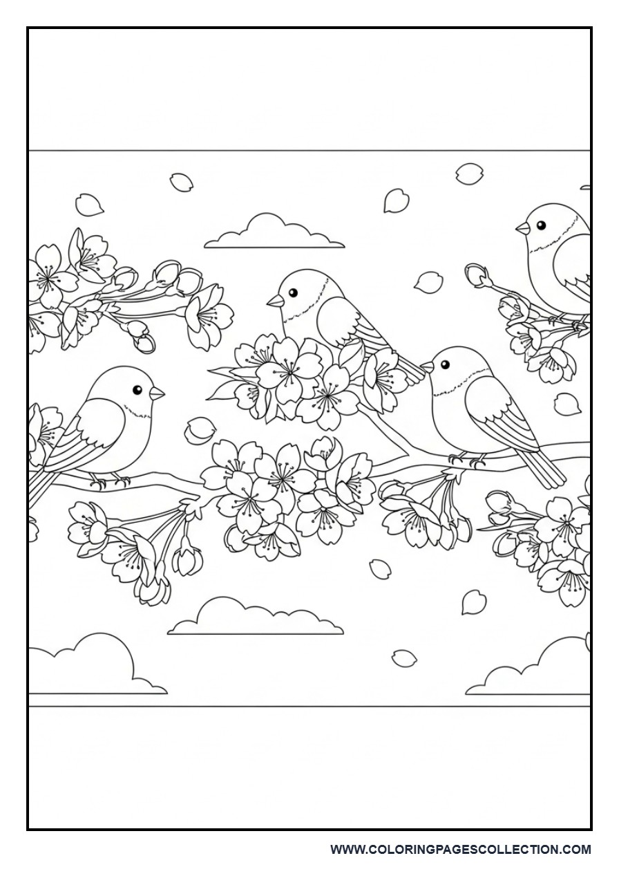 Floral Bird and Blossom Coloring Page