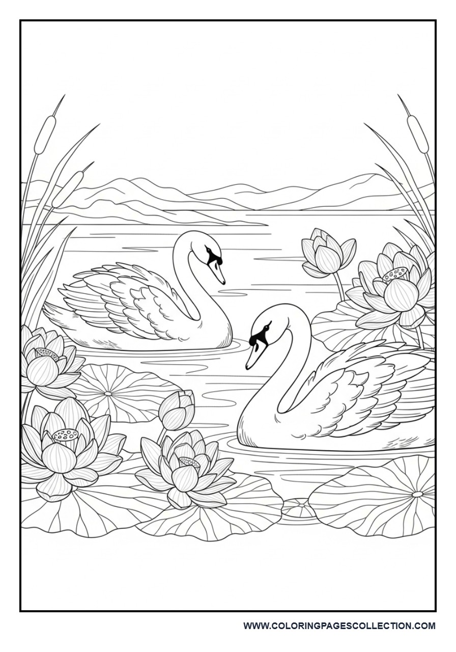 Floral Swan Lake Coloring Page