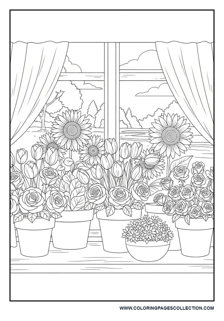 Floral Window Garden Coloring Page