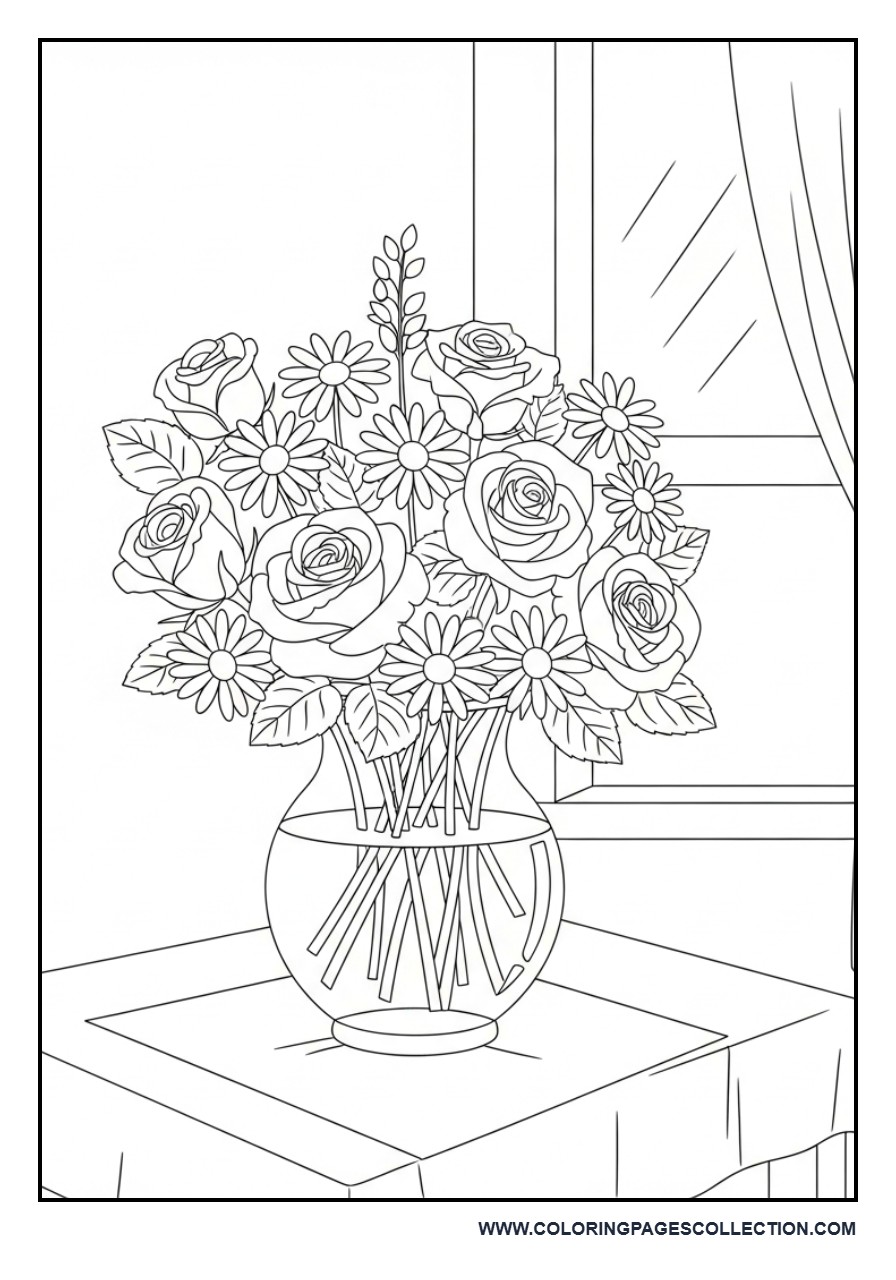 Flower Bouquet on Table Coloring Page