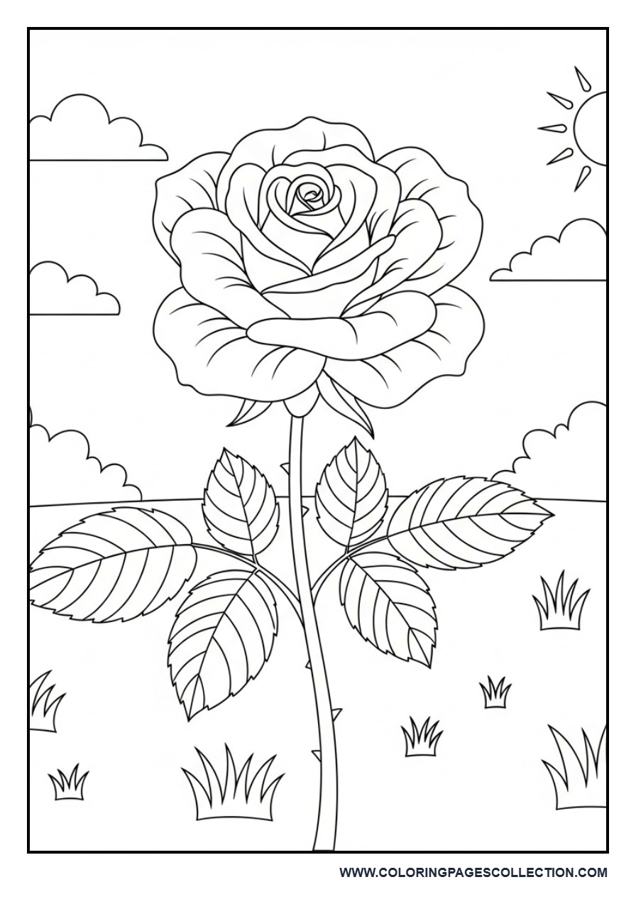Garden Rose Coloring Page with Easy Background