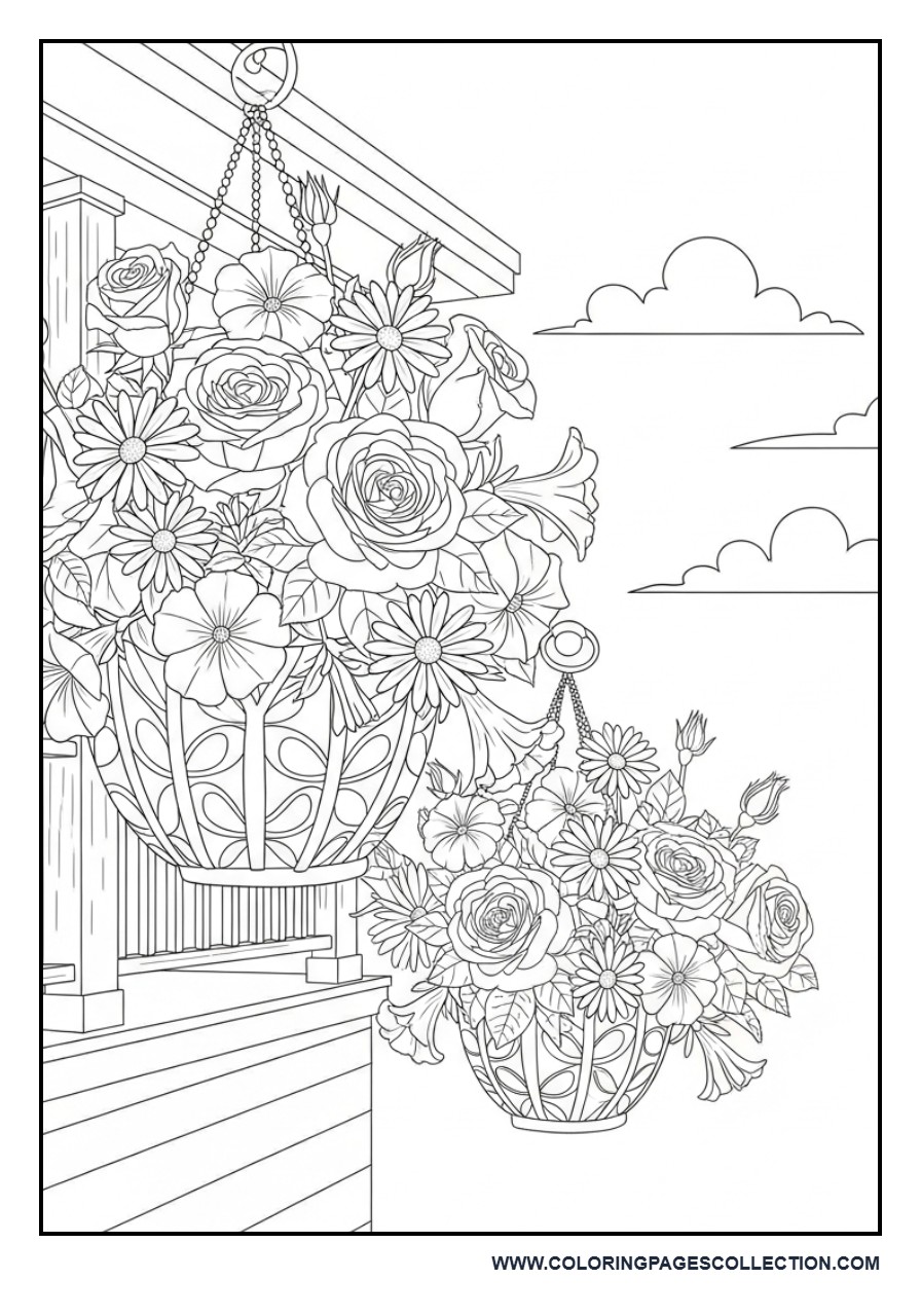 Hanging Flower Basket Coloring Page
