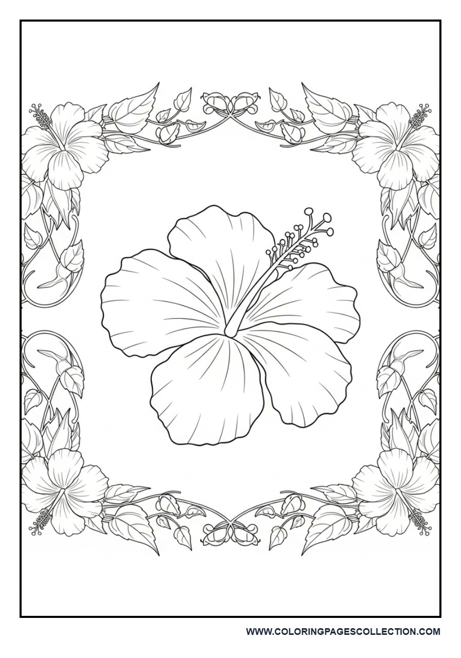 Hibiscus Floral Border Coloring Page