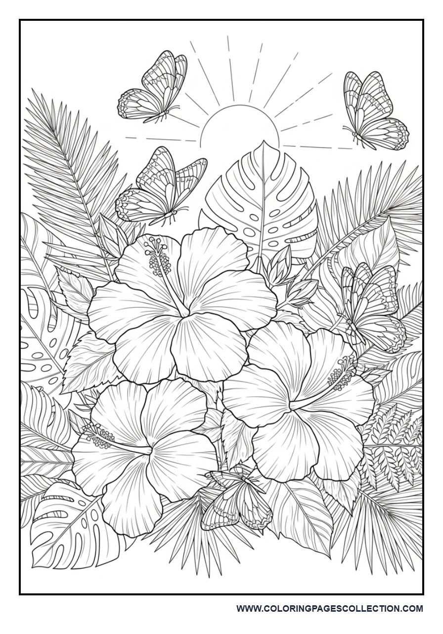 Hibiscus Tropical Garden Coloring Page