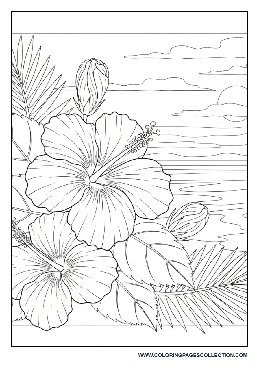 Hibiscus Tropical Scene Coloring Page