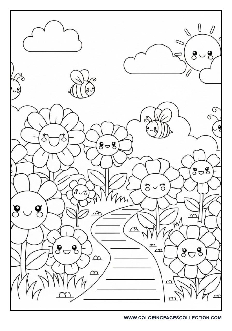 Kawaii Flower Garden Coloring Page