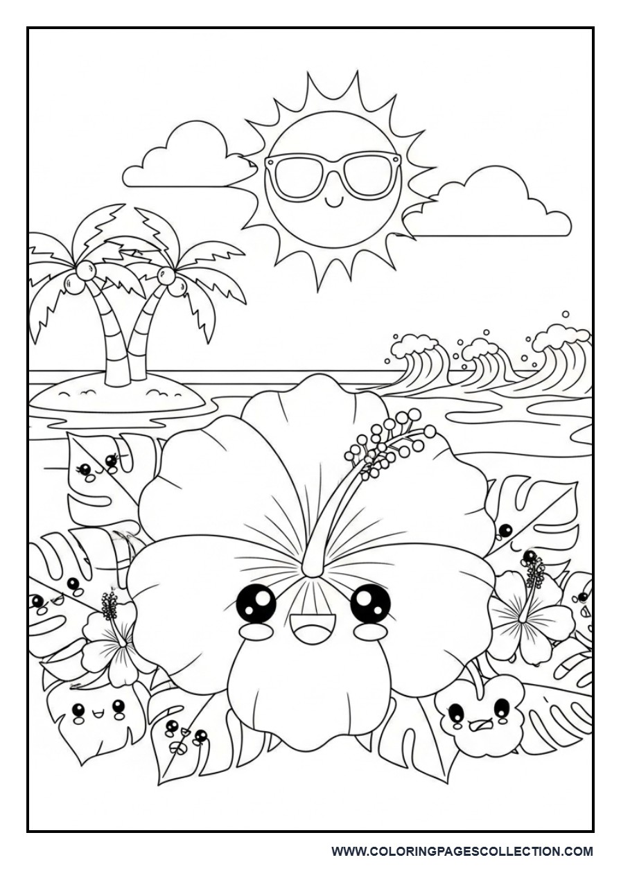 Kawaii Hibiscus Beach Coloring Page