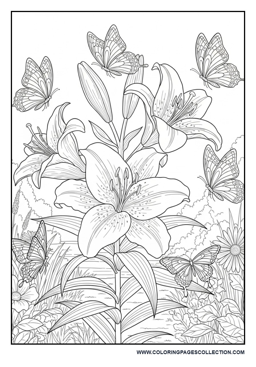Lily and Butterfly Coloring Page