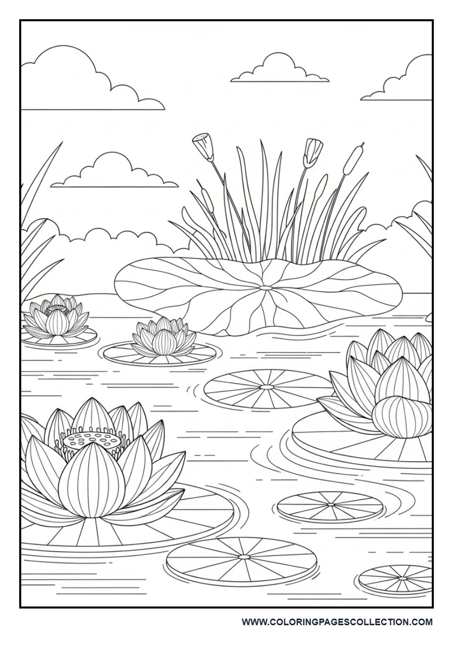 Lotus Pond Coloring Page