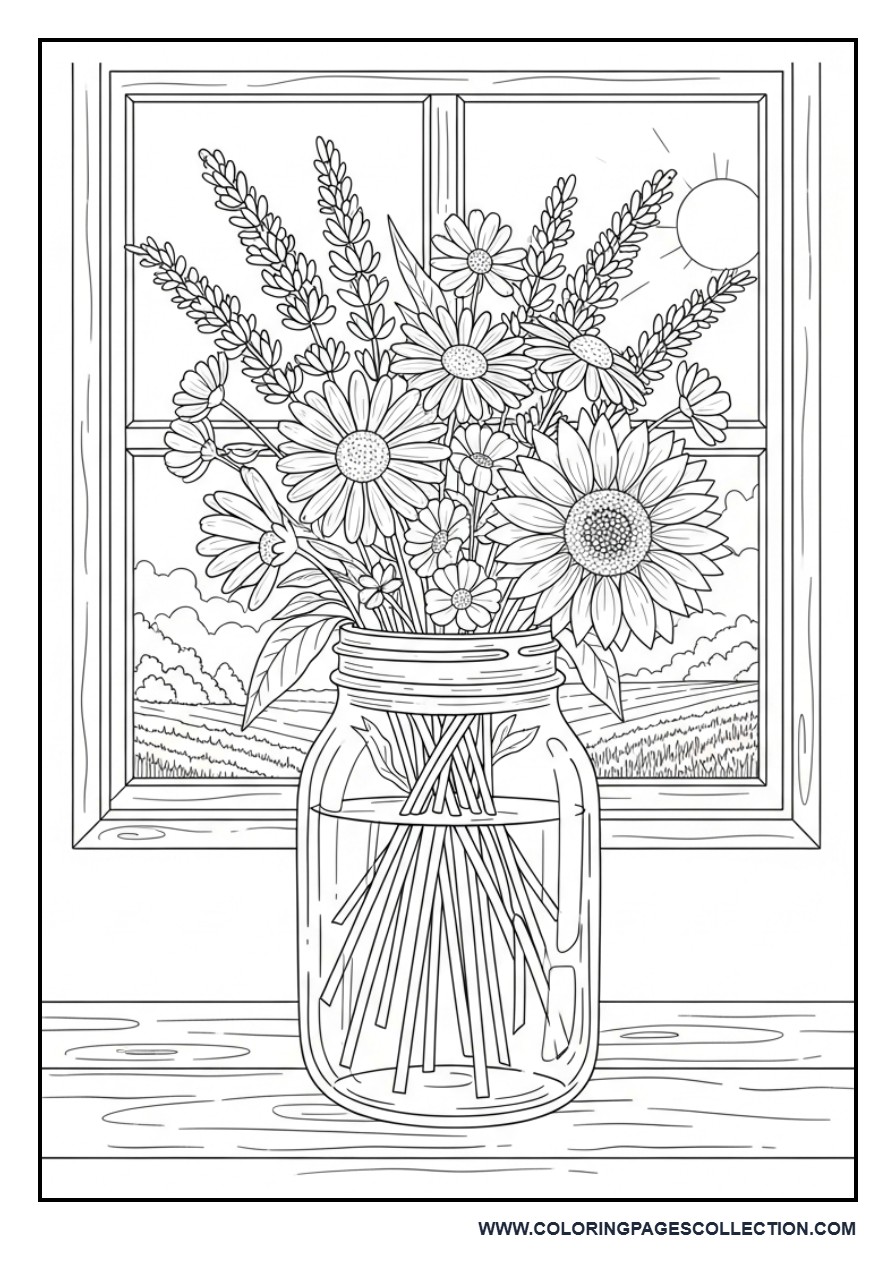 Mason Jar Wildflower Coloring Page
