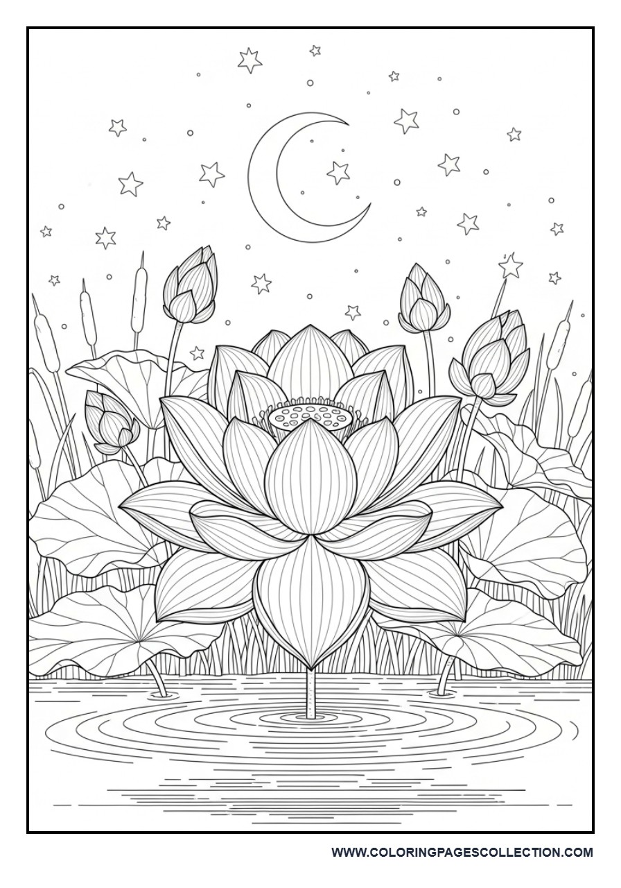 Moonlight Lotus Garden Coloring Page
