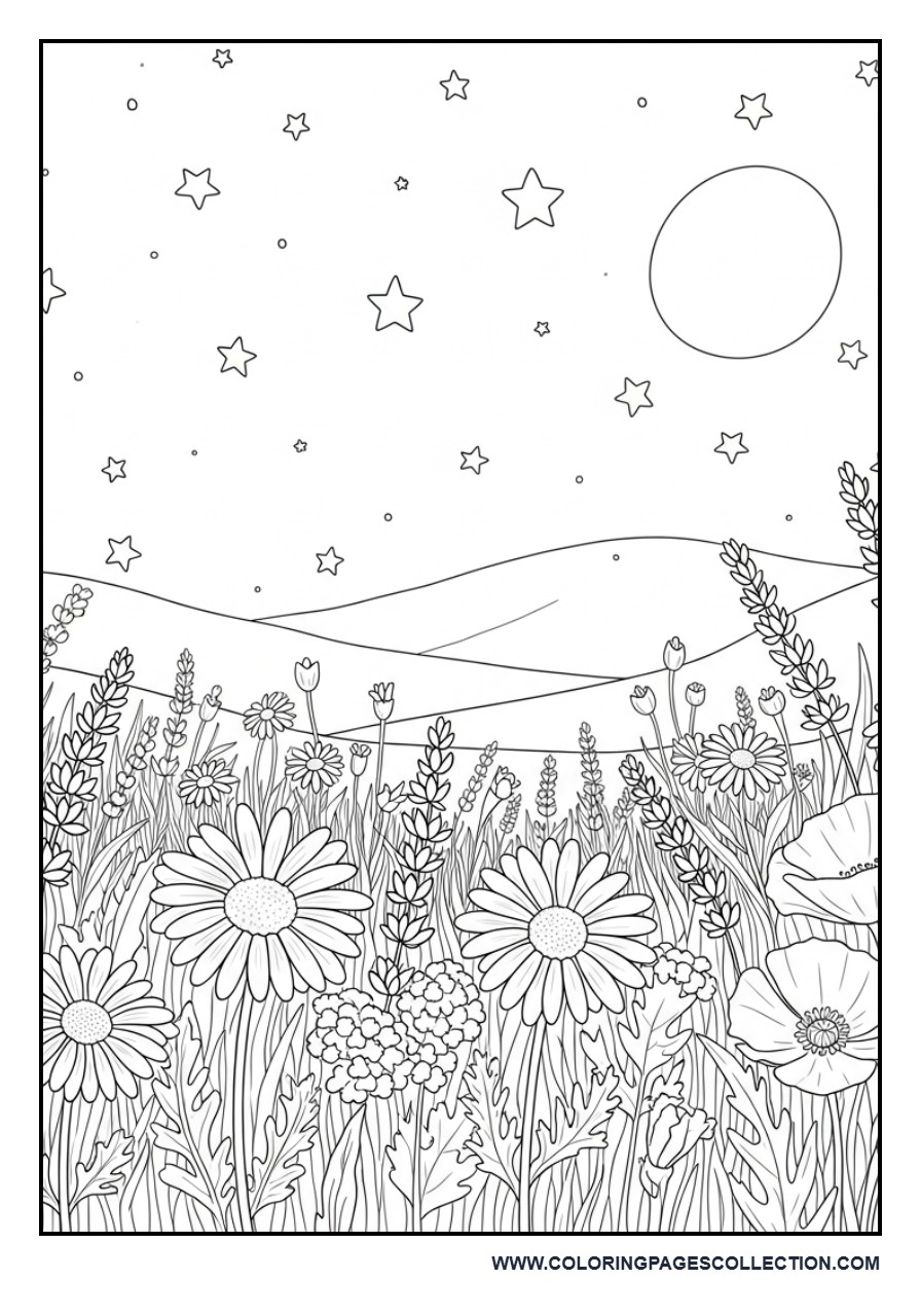 Moonlit Wildflower Field Coloring Page