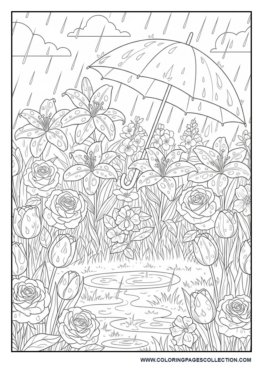 Rainy Day Flower Garden Coloring Page